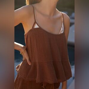 Anthropologie Brown Gauze Smocked Spaghetti-Strap Tank